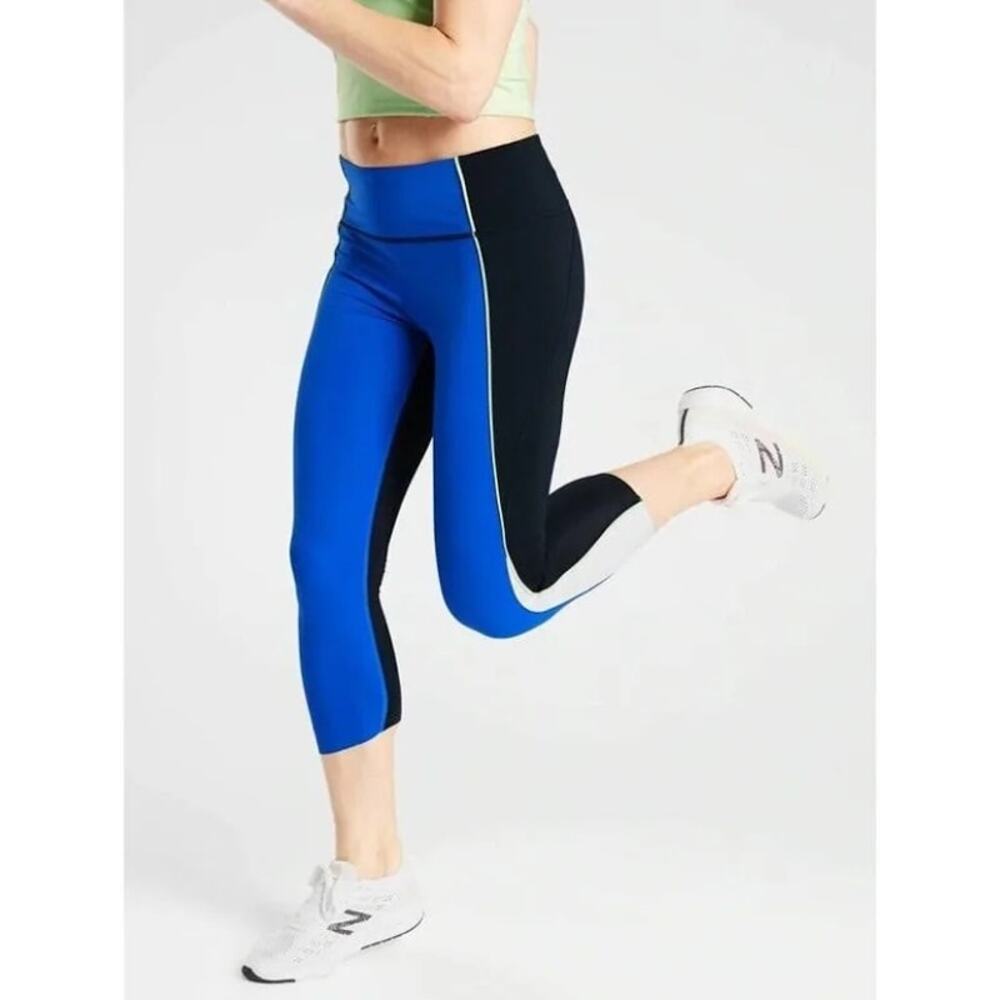 Athleta Velocity Colorblock Capri Leggings Blue Black Neon Green Womens Medium